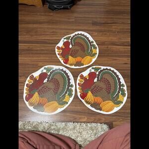 Vintage Vinyl Thanksgiving Turkey Placemat 15"x15 Vintage Harvest Art Set of 3